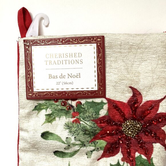 NWT Cherished Traditions Hanging Stocking Festive Home Decor Red Poinsettia - Picture 2 of 6